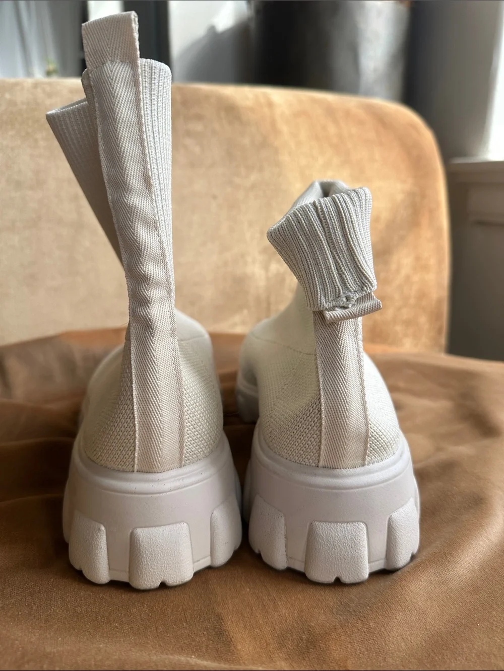 Cream White Canvas Stretchy chunky booties near 2” heel Trendy Stylish boots